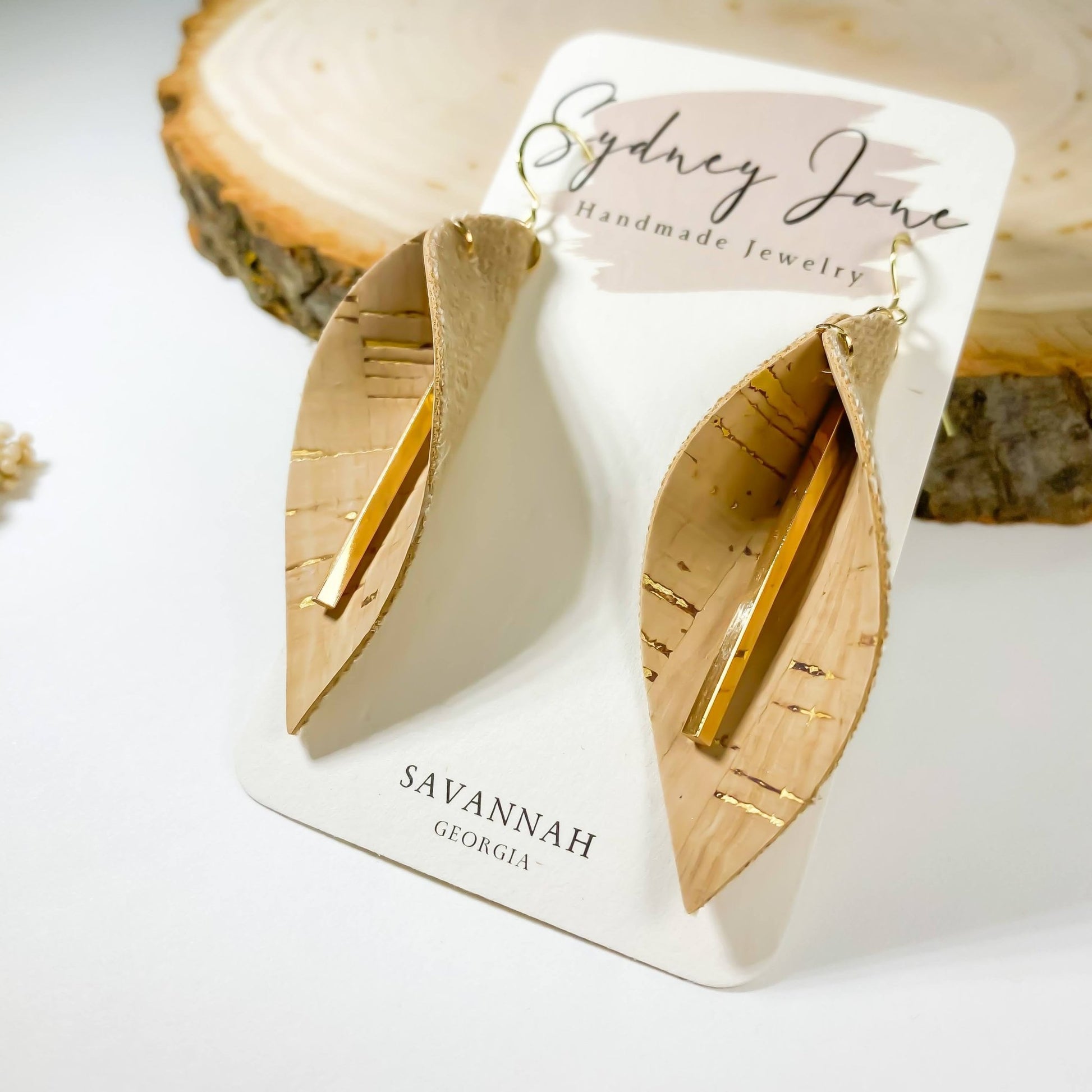 Gold Accented Natural Cork Leather Leaf Earrings with Dangling Gold Bar - Sydney Jane JewelryEarrings