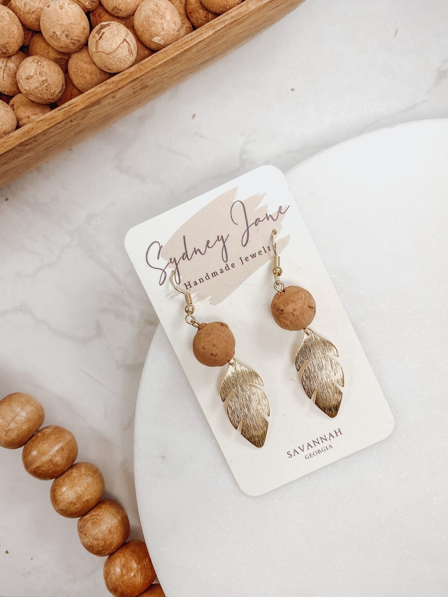 Textured feather cork ball dangle earrings - Sydney Jane Jewelry