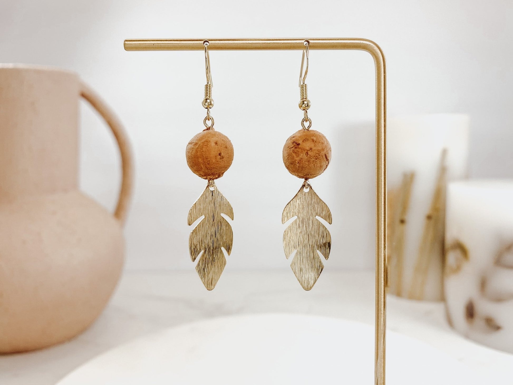 Textured feather cork ball dangle earrings - Sydney Jane Jewelry