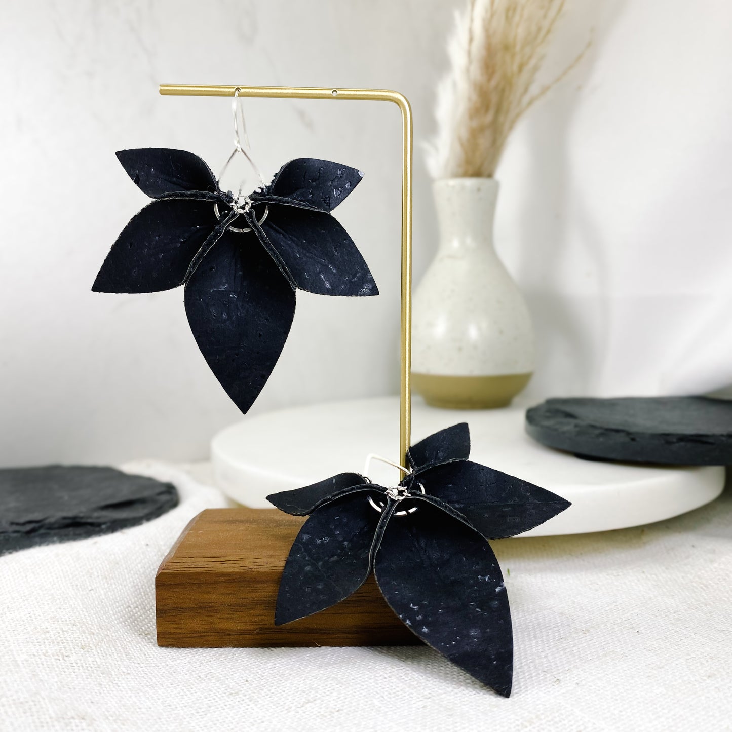 Matte Black Cork Flower Earrings