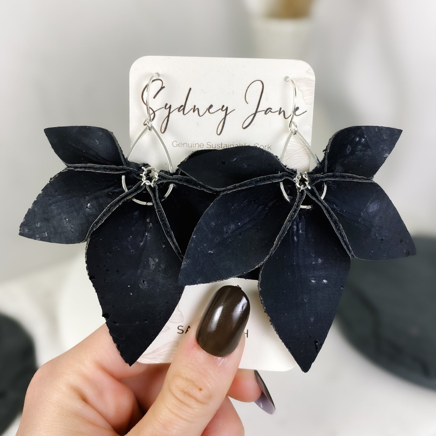 Matte Black Cork Flower Earrings