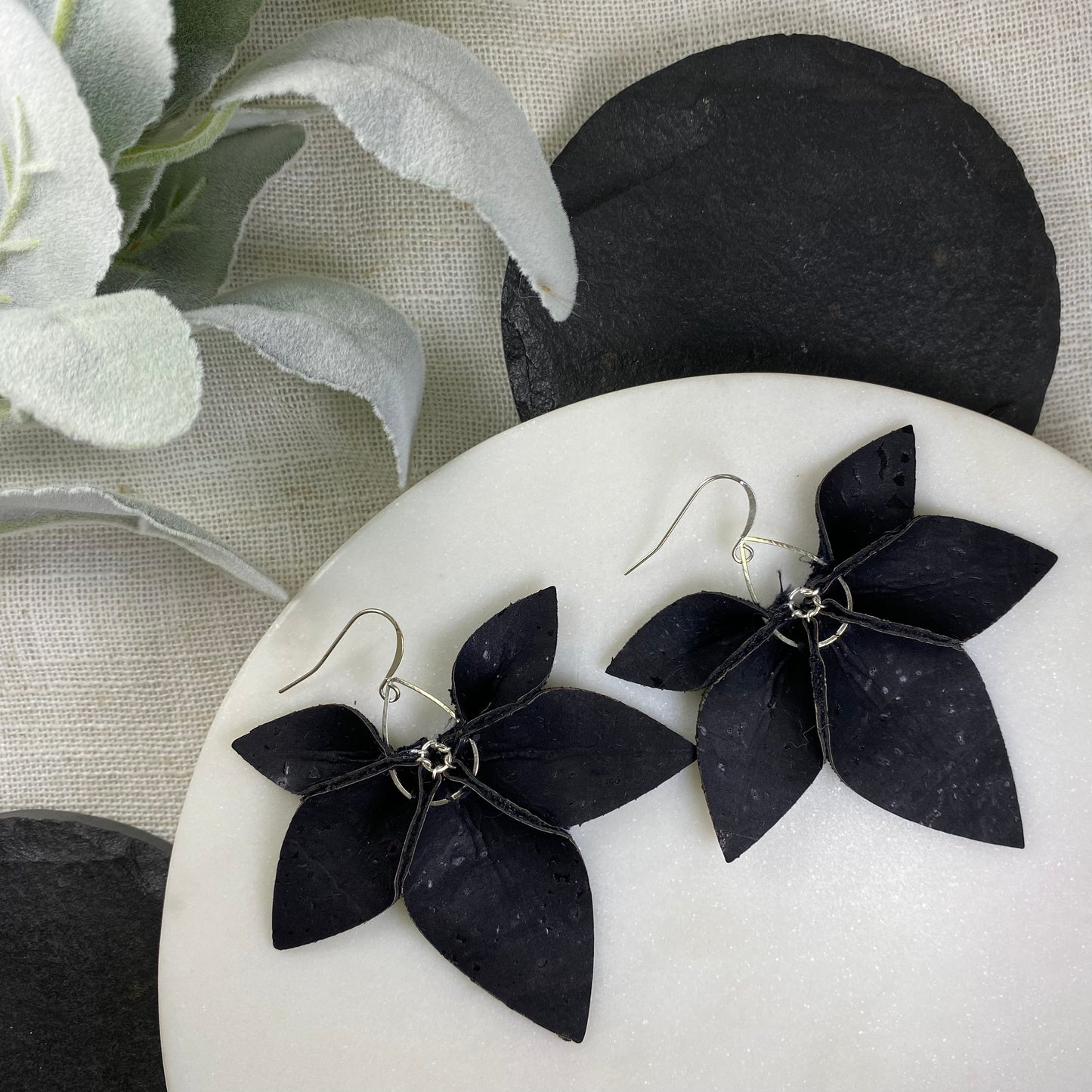 Matte Black Cork Flower Earrings