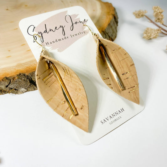 Gold Accented Natural Cork Leather Leaf Earrings with Dangling Gold Bar - Sydney Jane JewelryEarrings